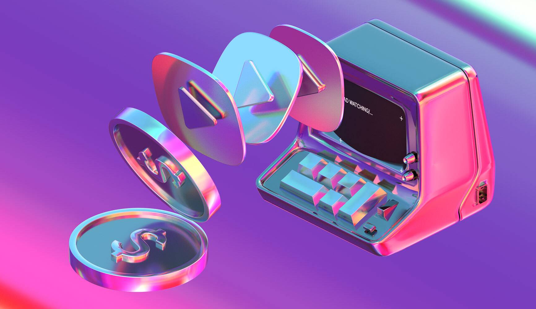 A futuristic 3D illustration showing how to watch ads for money with a retro-style computer, floating keyboard, and metallic symbols including a dollar sign and play buttons, set against a vibrant purple and pink gradient background