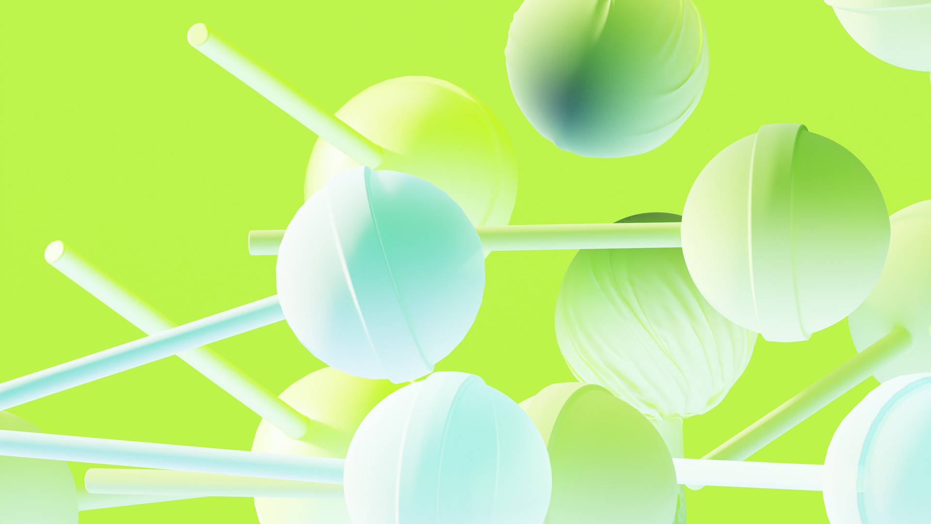 Green and white lollipops on sticks against a bright green background
