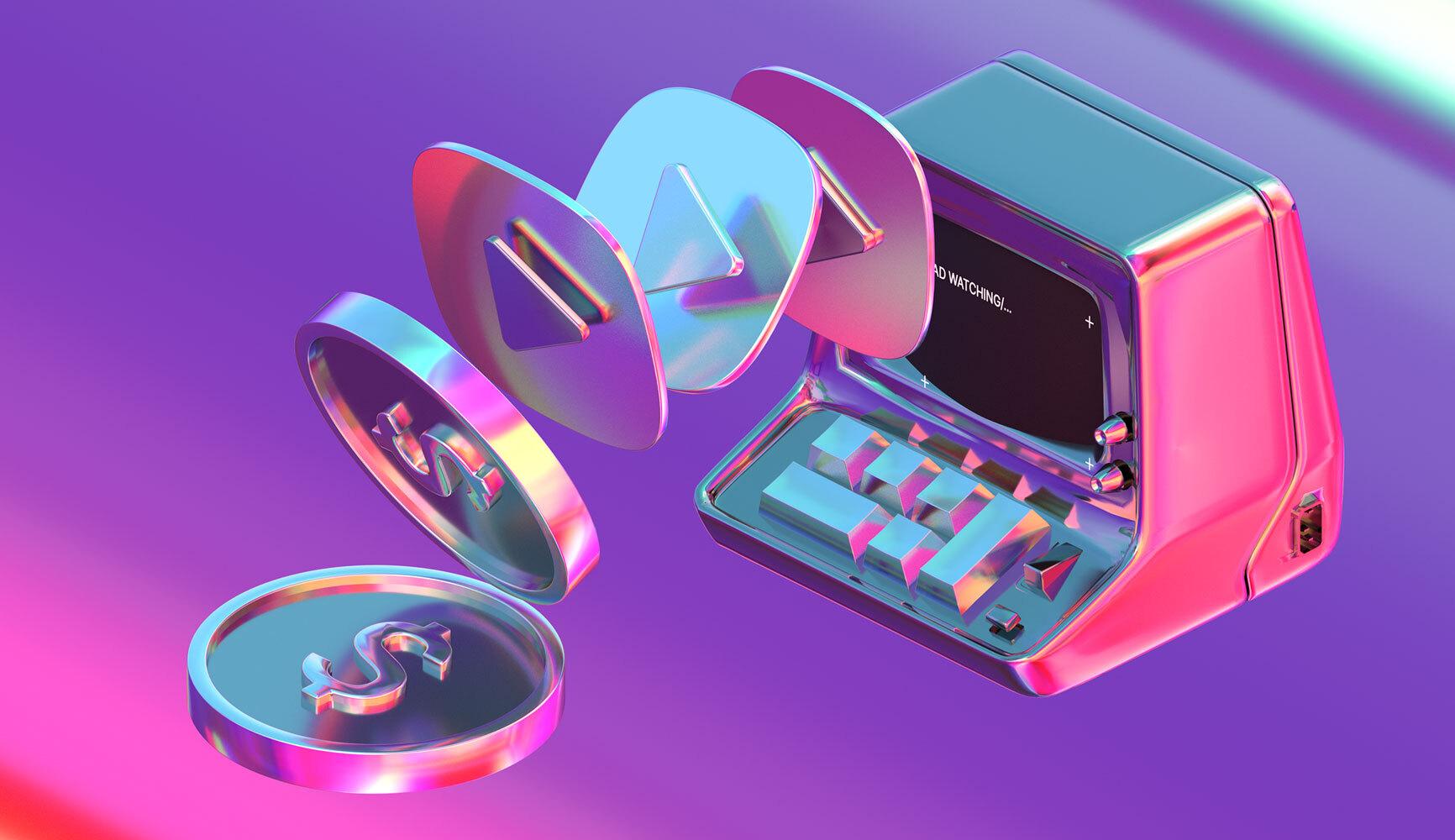 A futuristic 3D illustration showing how to watch ads for money with a retro-style computer, floating keyboard, and metallic symbols including a dollar sign and play buttons, set against a vibrant purple and pink gradient background.