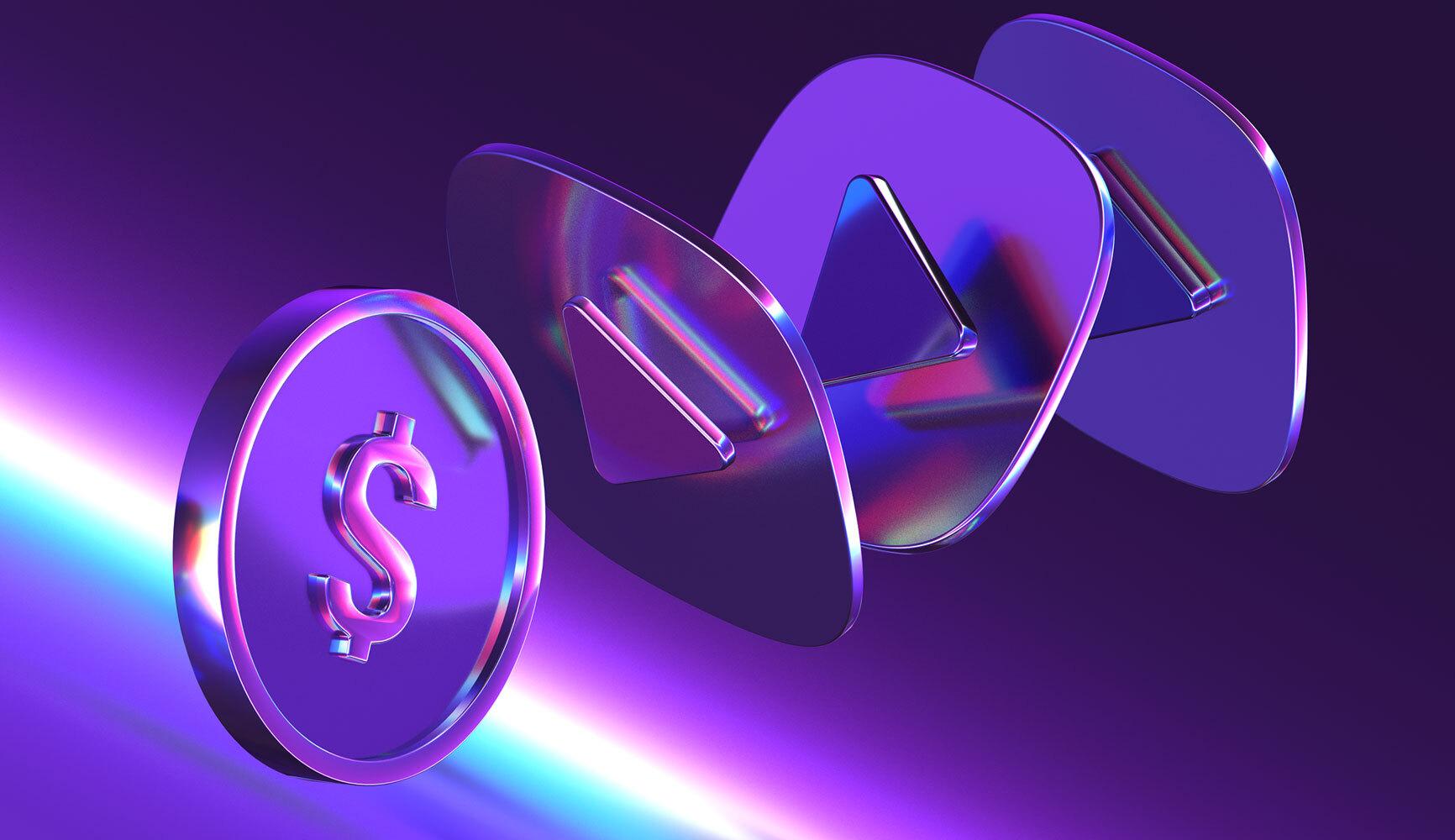 A shiny 3D representation related to where to watch ads for money, featuring a metallic dollar sign and play buttons floating in a row, illuminated by a neon purple and blue gradient background.