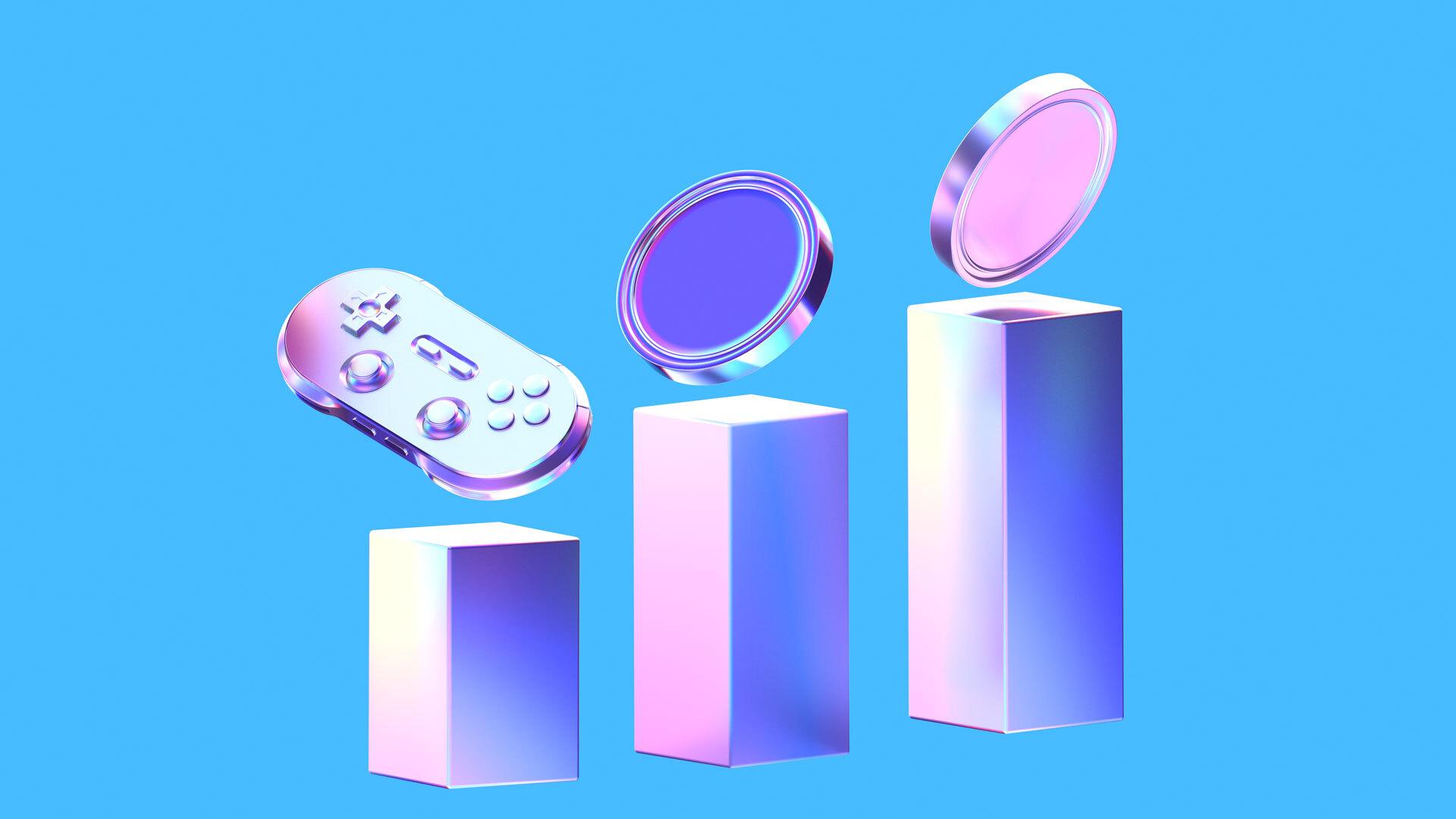 3D illustration of a video game controller and coins representing earning money from games