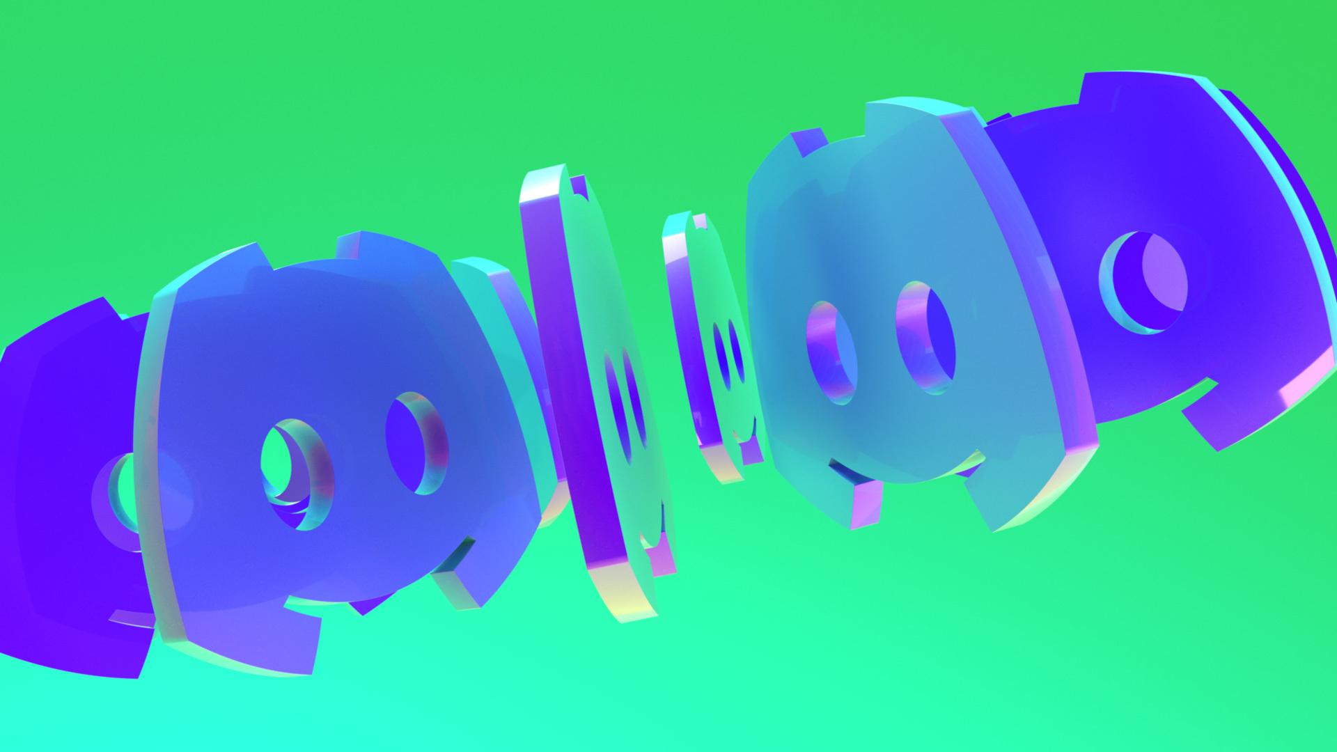 3D render of Discord logos in a row, showcasing a futuristic and vibrant design with blue and purple hues against a green background.