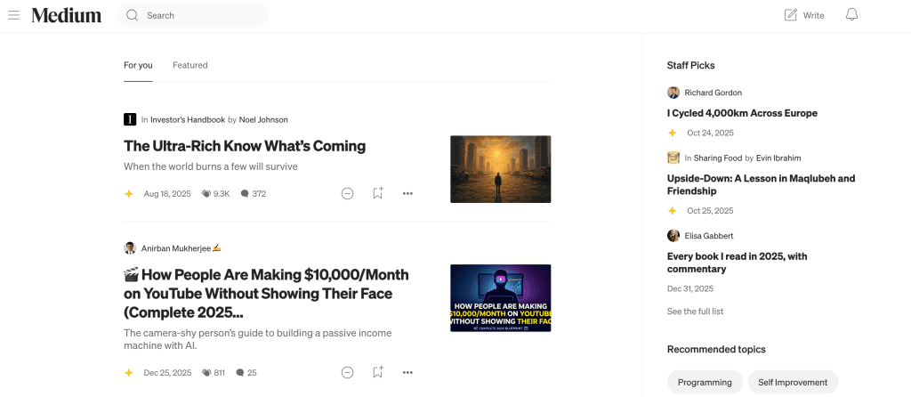 Medium homepage screenshot