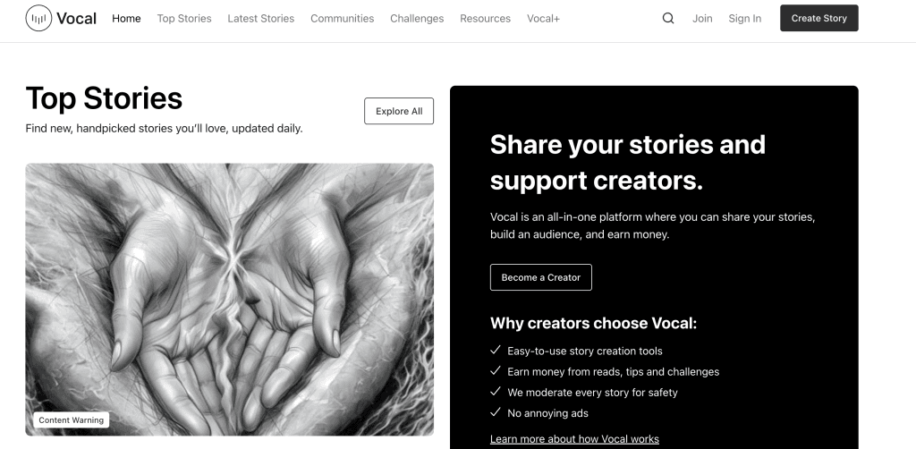 Vocal homepage screenshot