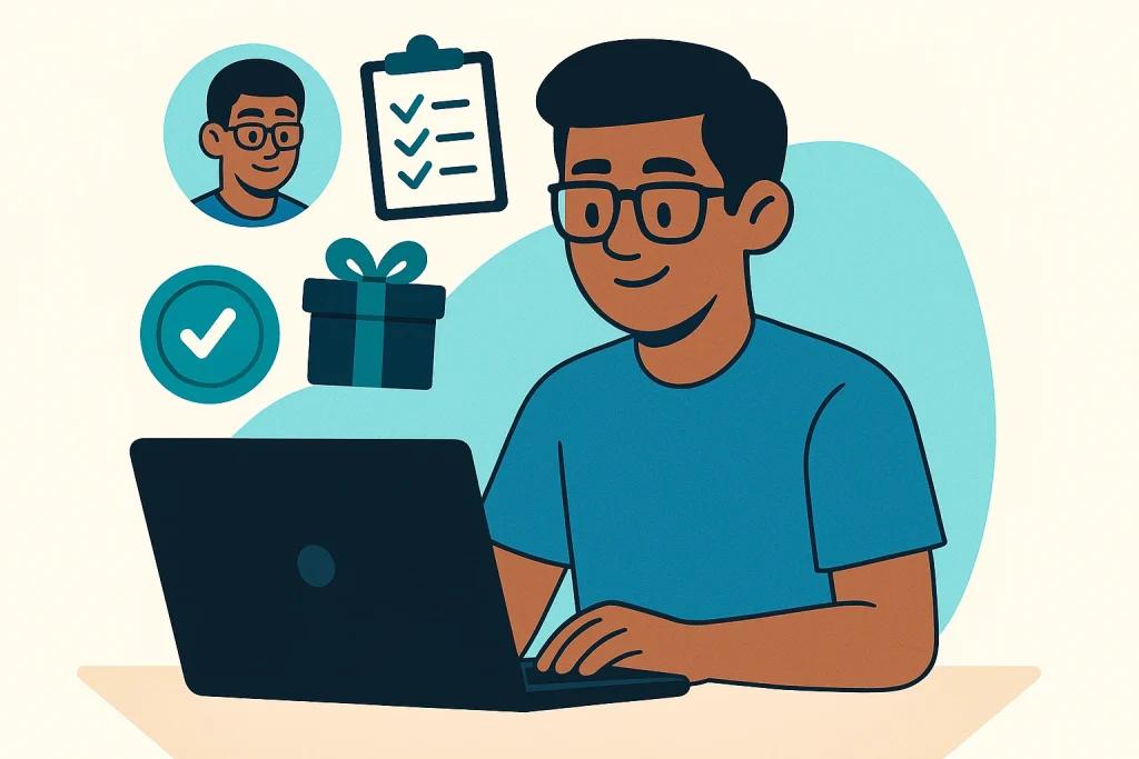 Student at a laptop, top-left avatar circle, checklist, gift box, and checkmark coin.