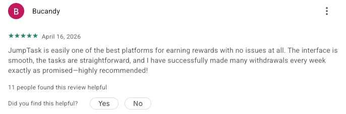 Screenshot of a user Bucandy's 5-star review of JumpTask on Google Play