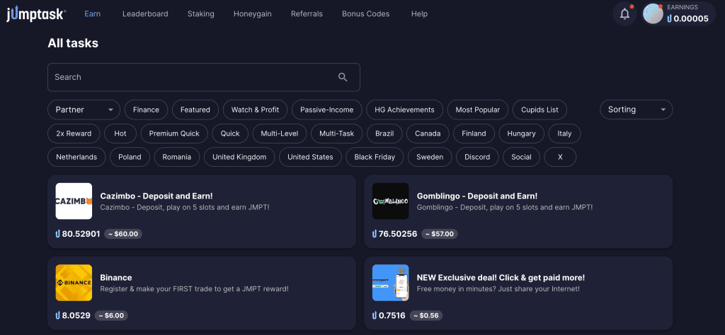 JumpTask dashboard screenshot